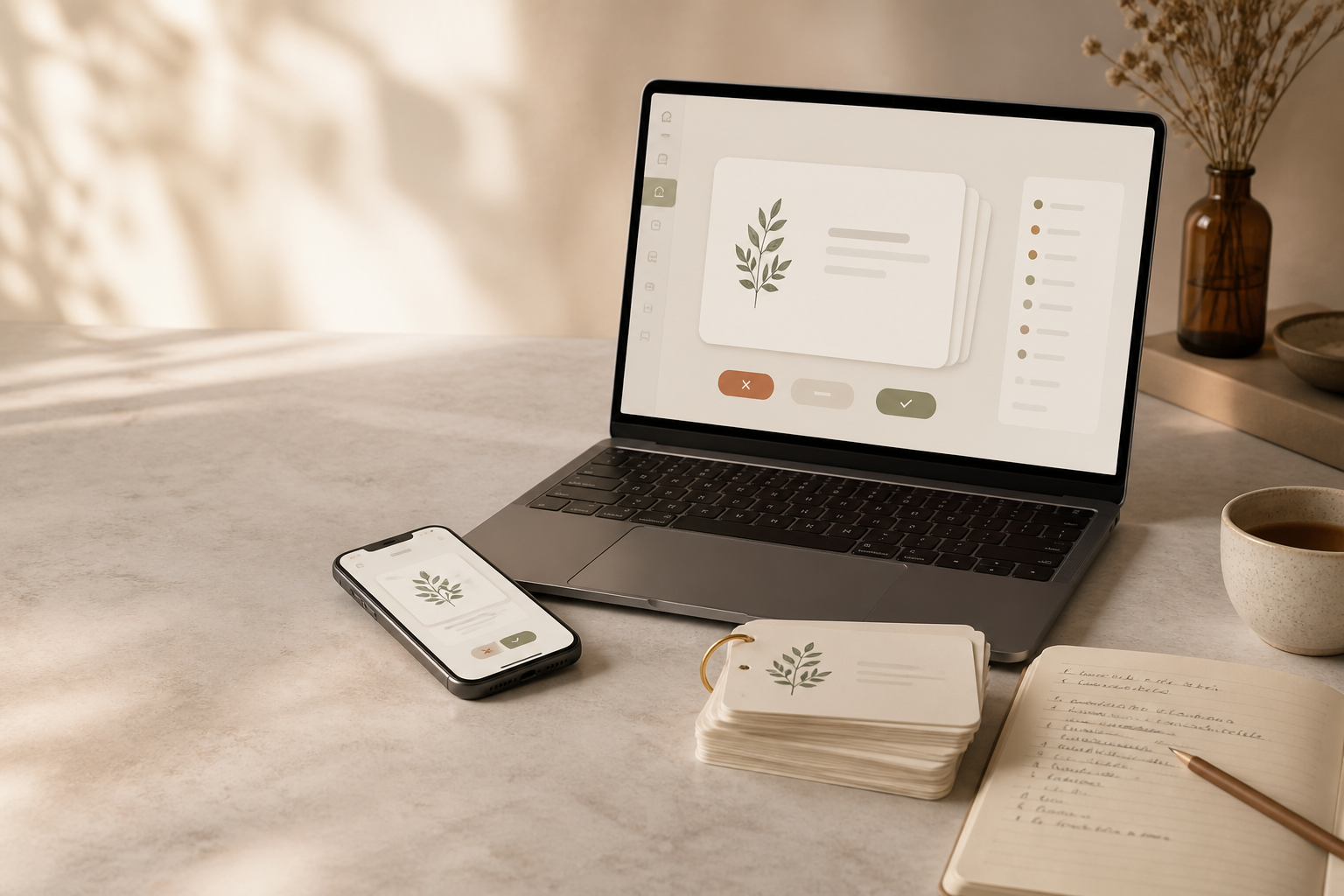 Serlo flashcards on a laptop and phone beside study notes
